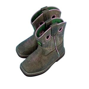John Deere Toddler 5 Brown Western Cowboy Boots Pink Stitching Square Toe Farm
